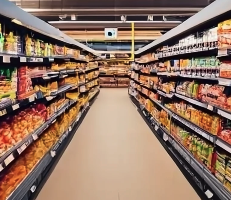 a aisle of food in a grocery store