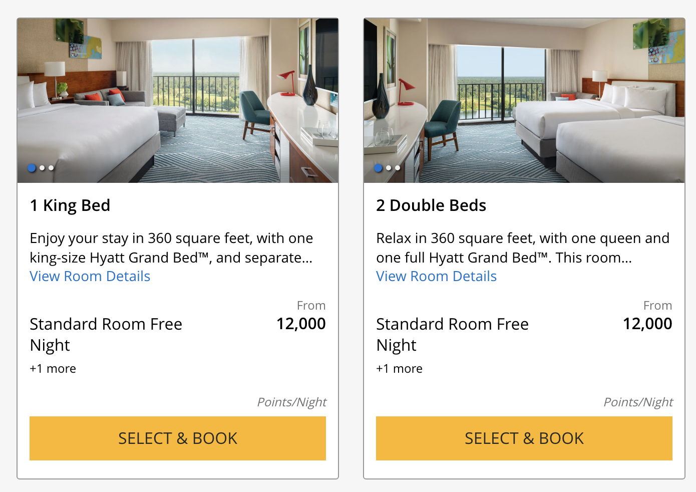 screenshots of a hotel room with a couple beds and a balcony