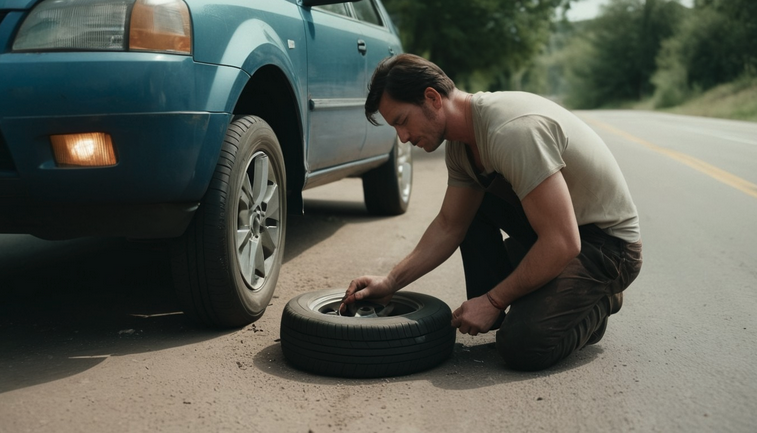 a man changing a tire on a car