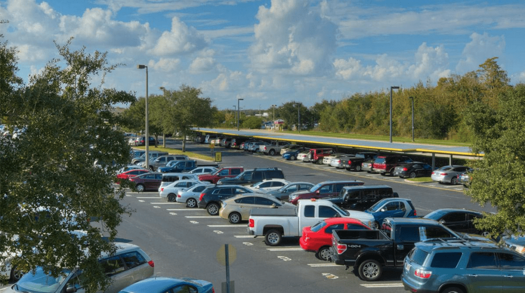 a parking lot full of cars