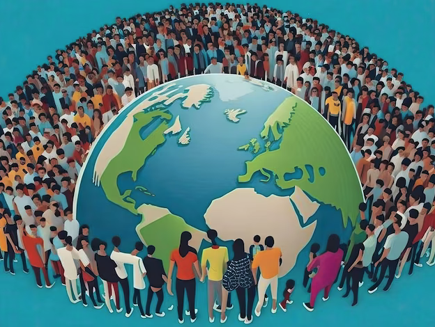 a group of people standing around a globe