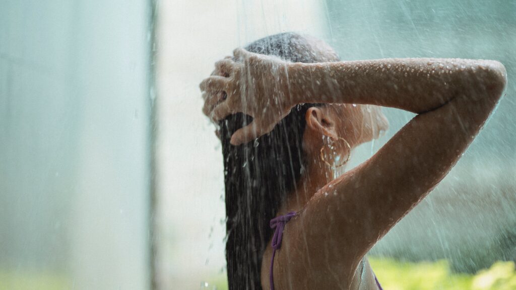 a woman in a shower