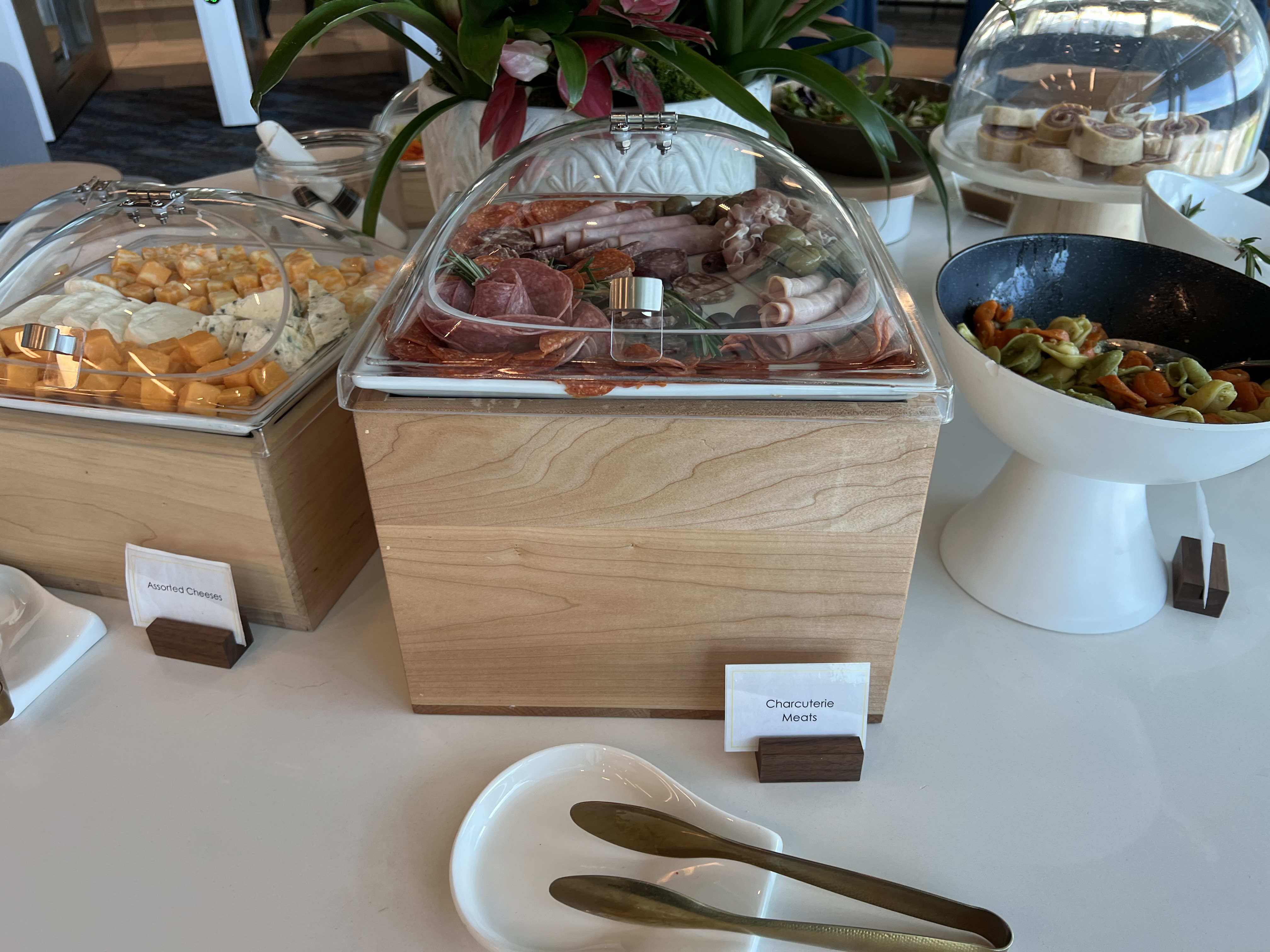 a buffet table with food on it