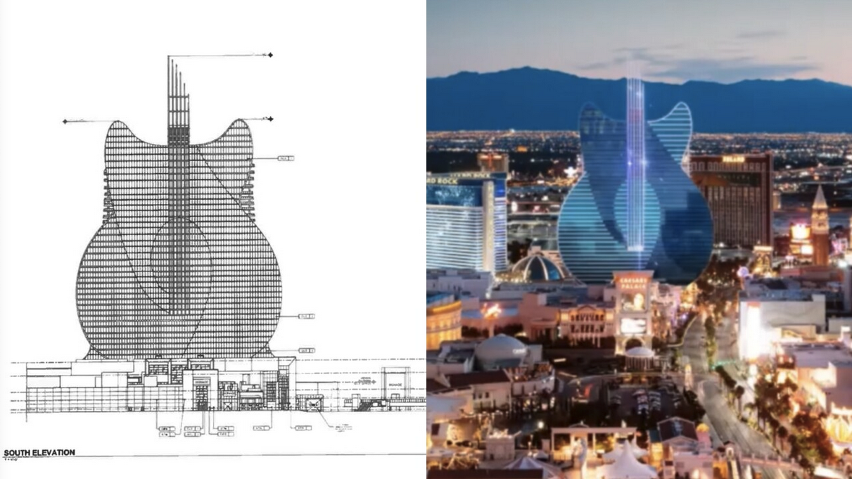 a guitar shaped building and a blueprint