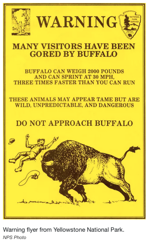 a yellow sign with a black and white image of a buffalo