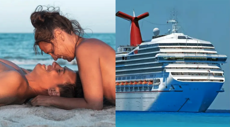 a couple lying on the beach next to a cruise ship