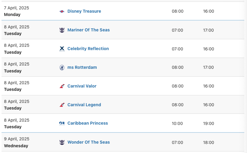 a screenshot of a cruise ship schedule