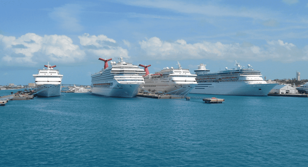 a group of cruise ships in a harbor