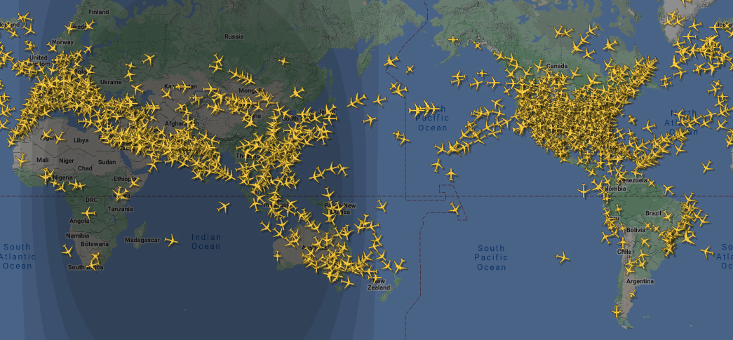 a map of the world with many yellow planes