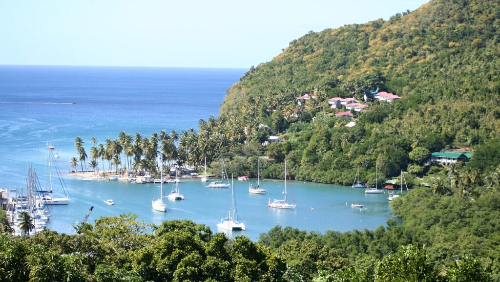 a group of boats in a bay with trees and a hill in the background with Marigot Bay in the background