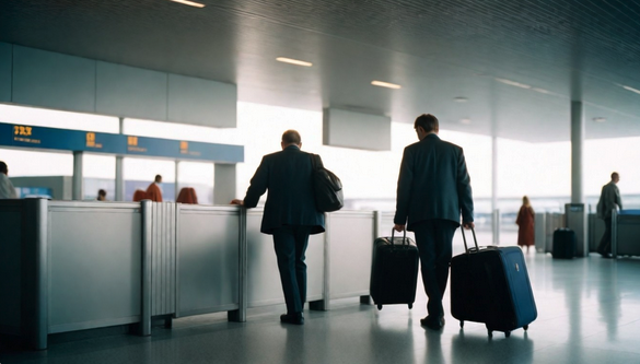 a couple of men with luggage in an airport