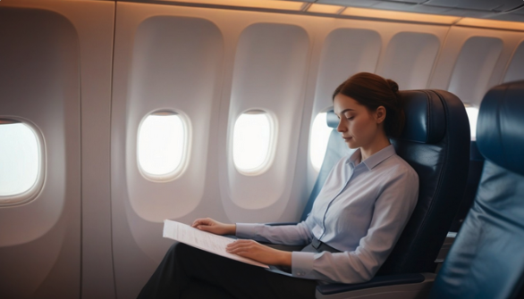 a woman sitting in an airplane reading a paper
