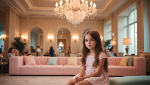 a girl sitting on a stool in a room with chandelier