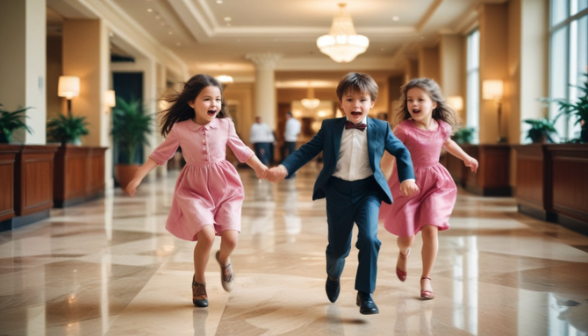 a group of kids running in a hallway