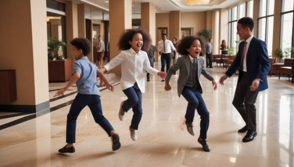 a group of children running in a hallway