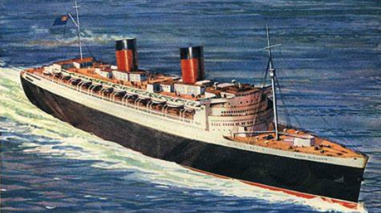 a large ship in the water with RMS Queen Mary in the background