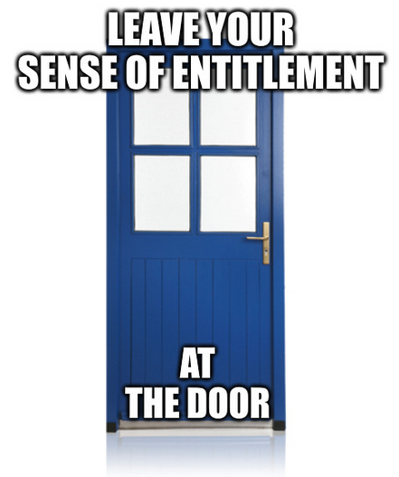 a blue door with white text