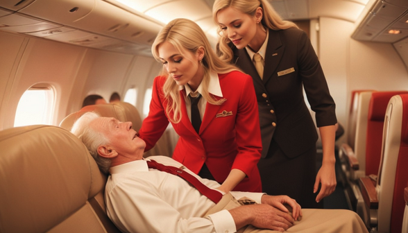 a flight attendant looking at a man lying on a plane