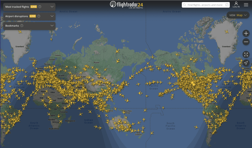 a map of the world with yellow airplanes