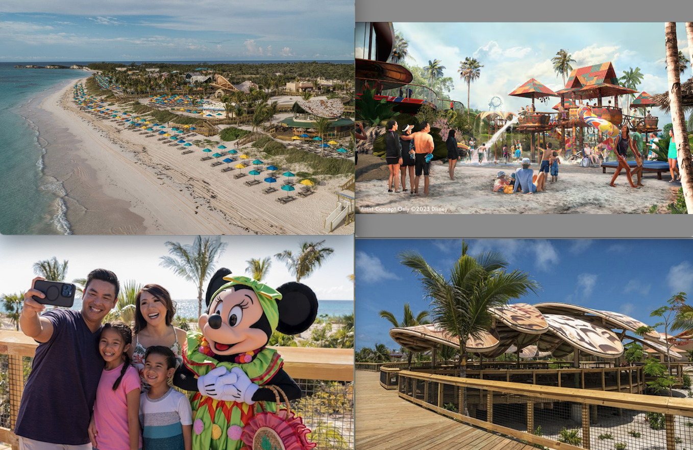 a collage of a group of people and a beach