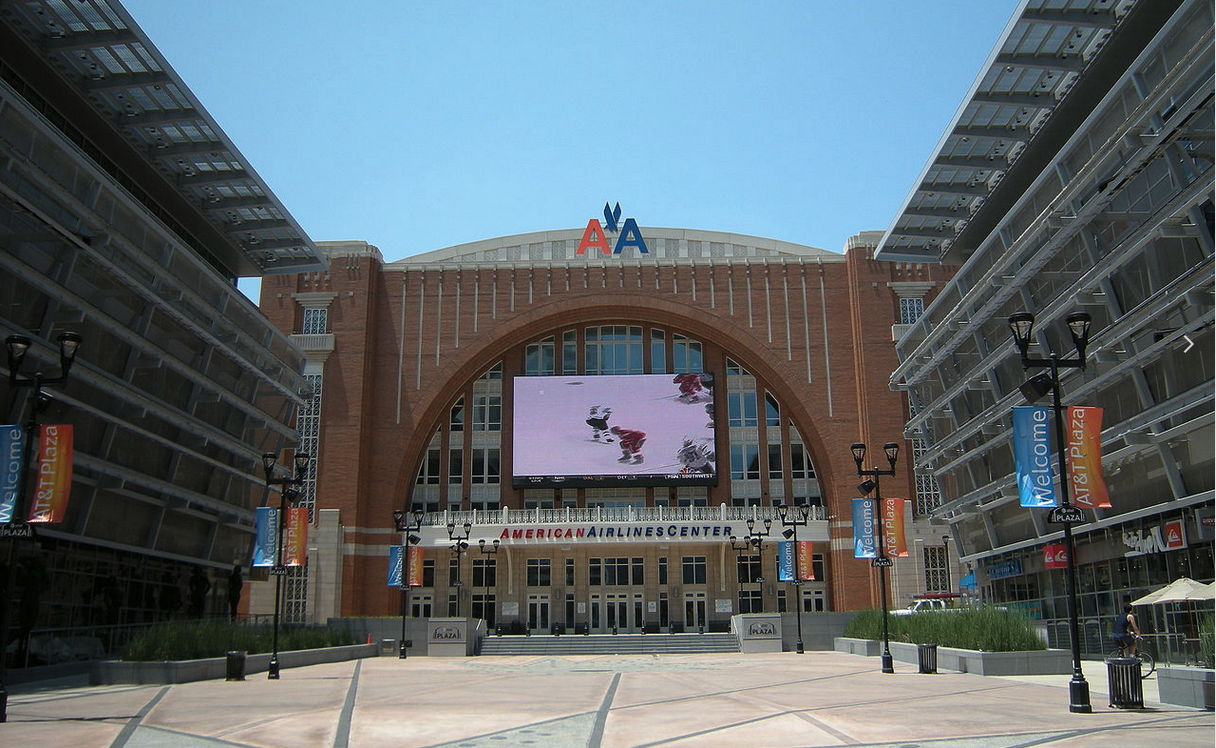 a large screen on the front of American Airlines Center