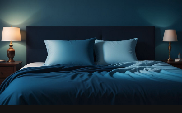 a bed with blue sheets and pillows