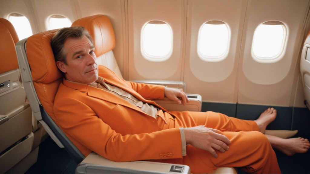 a man in an orange suit sitting in an airplane