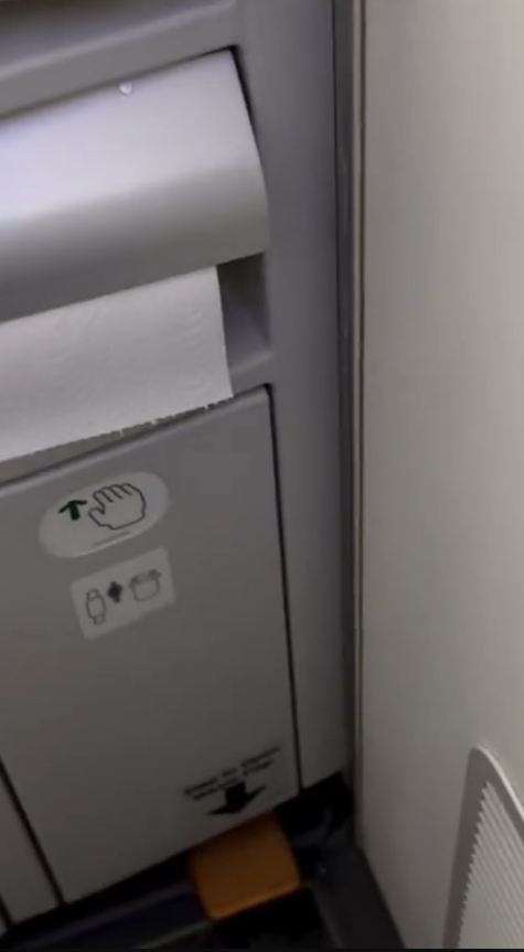 a paper towel dispenser with a hand and a toilet paper roll