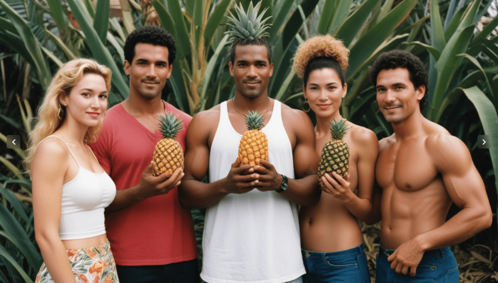 a group of people holding pineapples