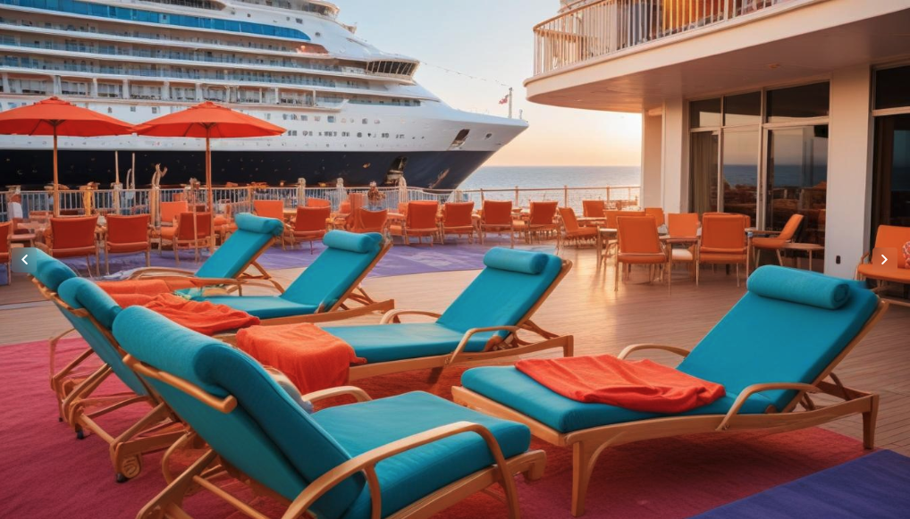 a deck with chairs and a cruise ship in the background