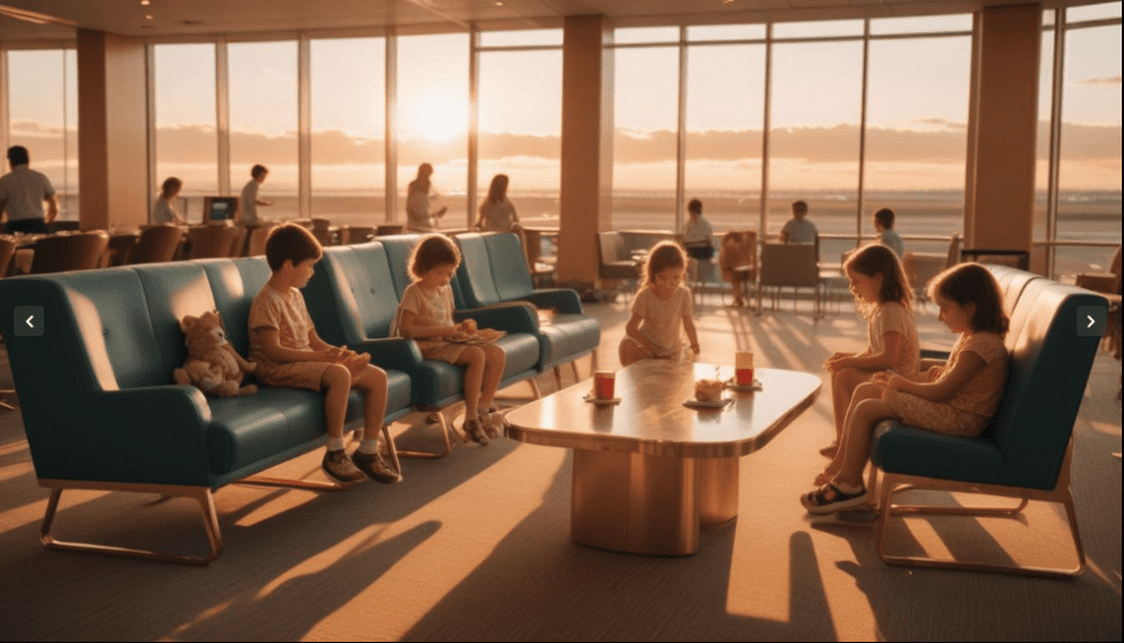 a group of children sitting on chairs in a waiting room