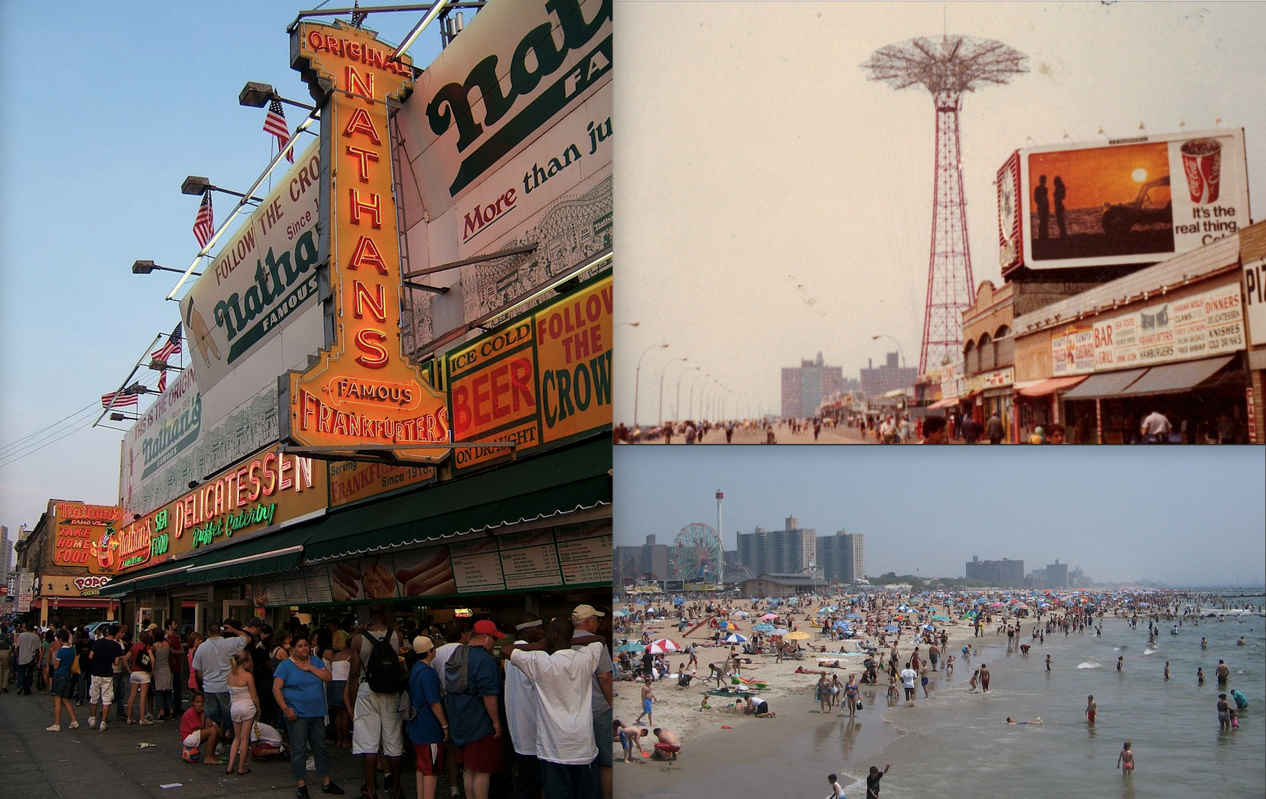 a collage of a beach and a sign