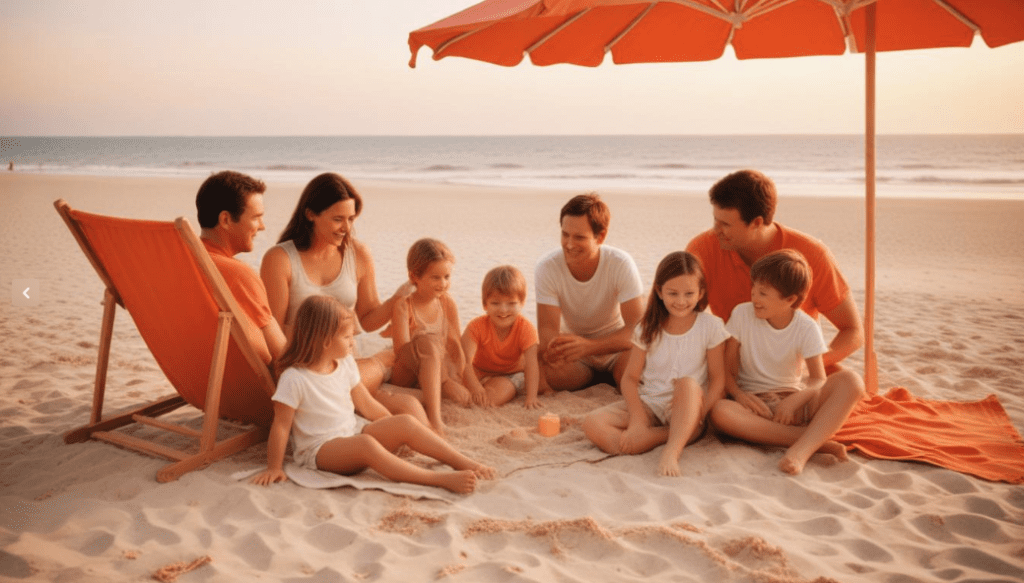 a family sitting on the beach