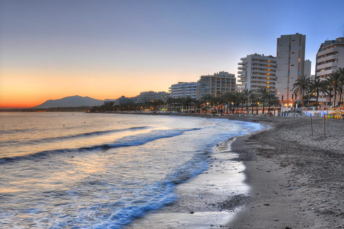 a beach with buildings and palm trees