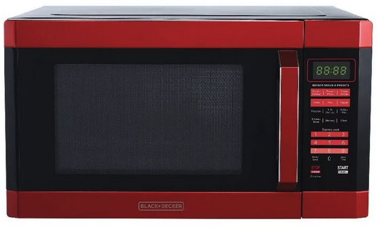 a red microwave oven with a door