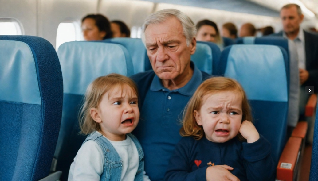 a man and two children on an airplane