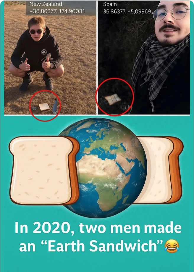 a man kneeling in a field with a sandwich and a globe