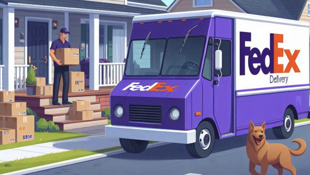 a delivery truck and a dog in front of a house