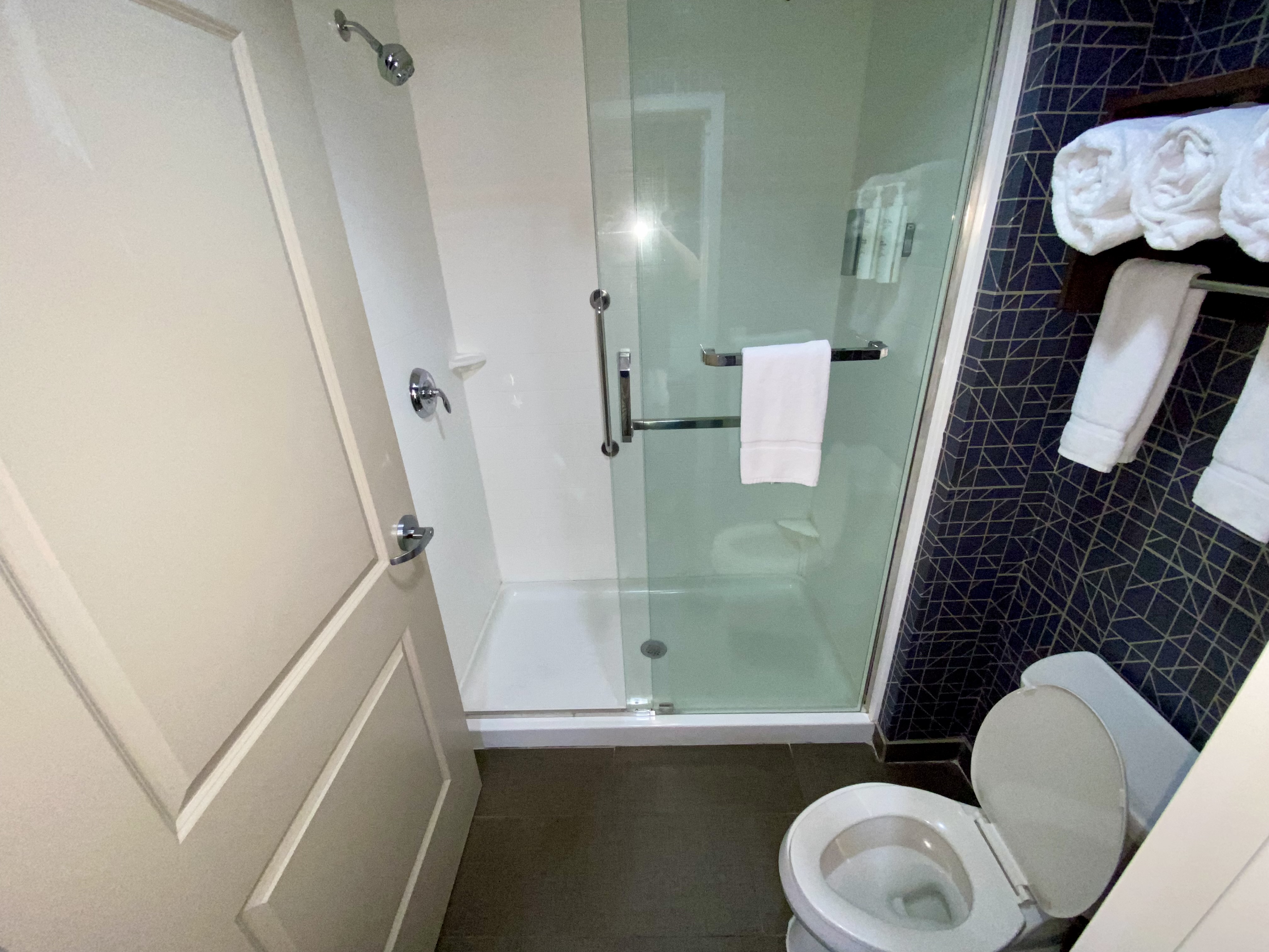 a bathroom with a glass shower and toilet