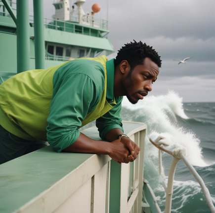 a man leaning on a railing on a boat