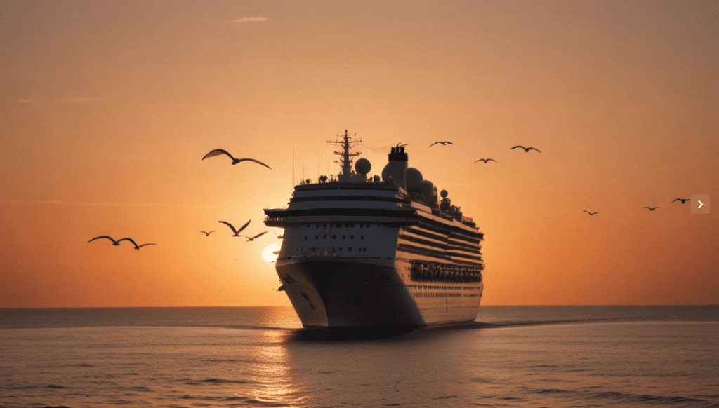 a cruise ship in the water with birds flying in the sky