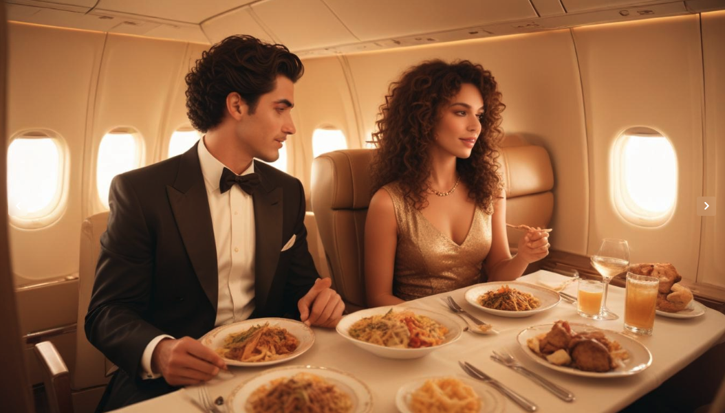 a man and woman eating food on an airplane