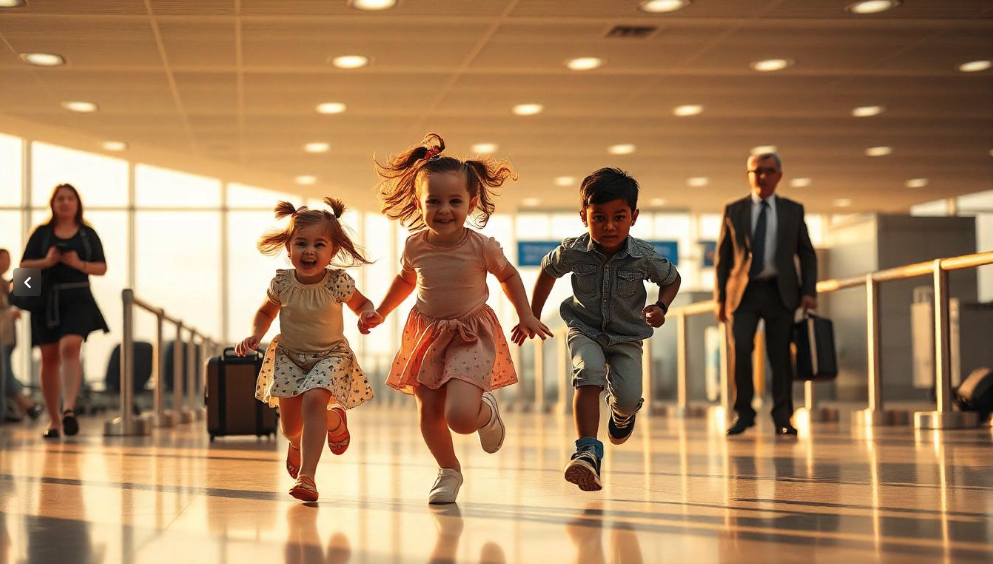 a group of kids running in a hallway