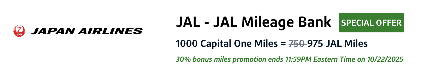Capital One 30% transfer bonus to JAL Mileage Bank