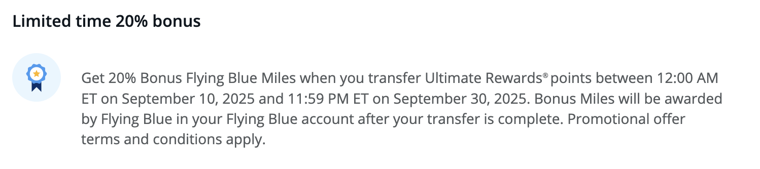 Chase Ultimate Rewards 20% bonus to Flying Blue