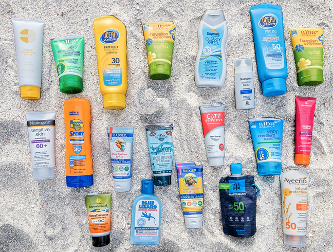 a group of sunscreen bottles