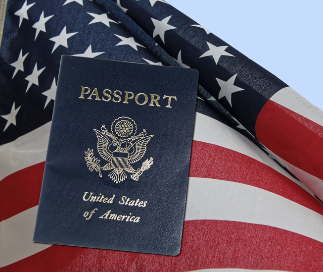 a passport on a flag