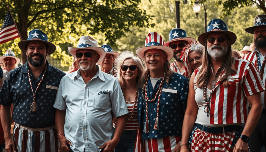 a group of people wearing hats and outfits