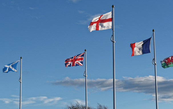 a group of flags on poles