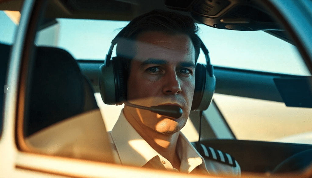 a man in a pilot's uniform wearing headphones